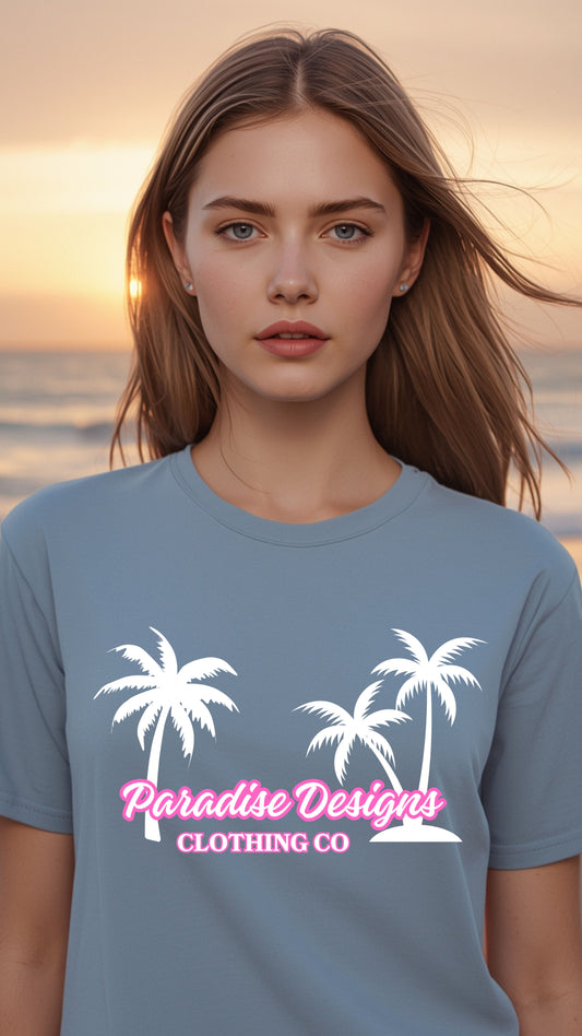 Women's Pink & White Palms T-Shirt - Paradise Designs Clothing Company