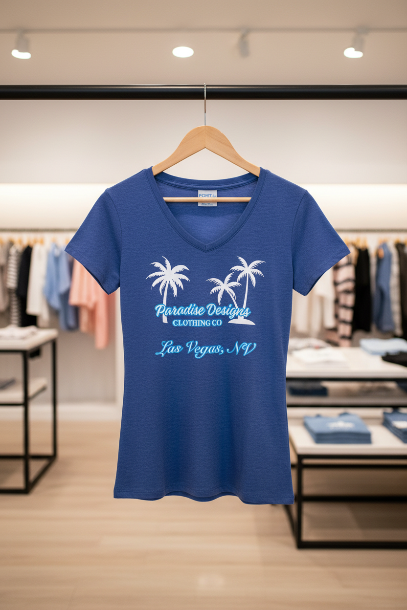 Women's V-Neck Tee - Paradise Las Vegas Blue w/White Palms