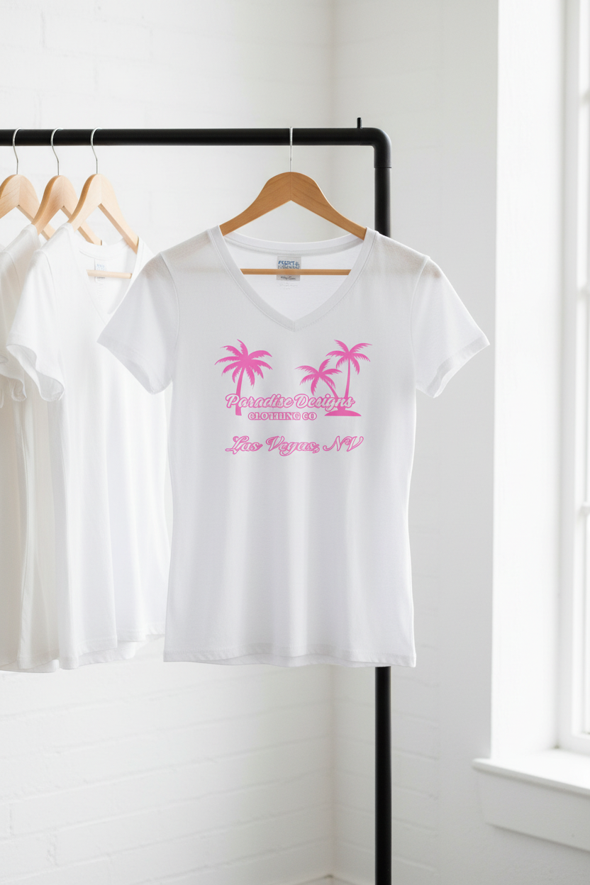 Women's V-Neck Tee - Paradise Las Vegas Pink Palms