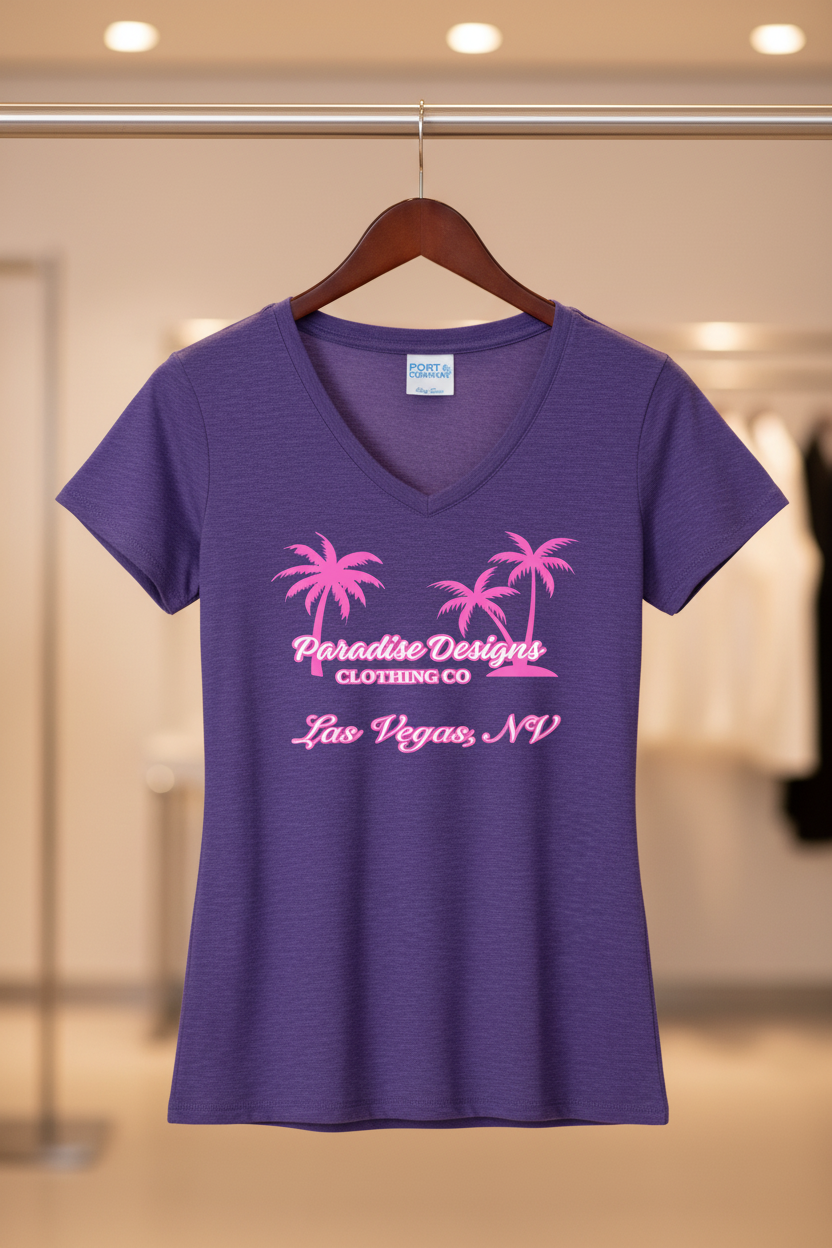 Women's V-Neck Tee - Paradise Las Vegas Pink Palms