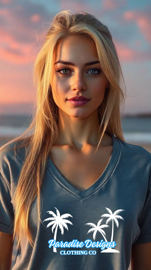Women's Blue & White Palms V-Neck Tee - Paradise Designs Clothing Co.